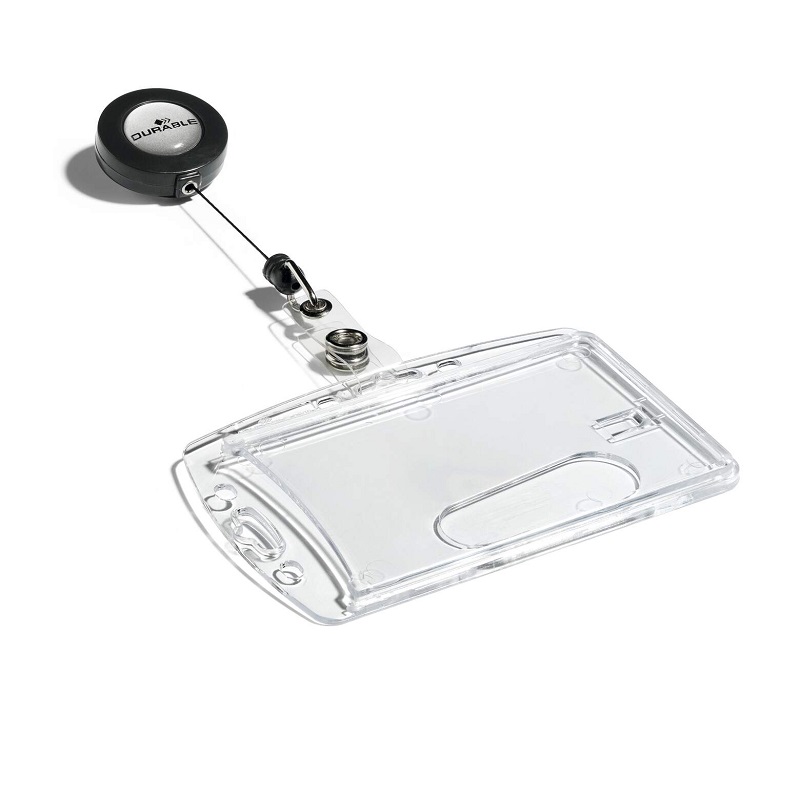 Picture of Durable Identity ID Badge/Badge Holder with badge reel. Enclosed card holder / carrying case rigid plastic (horizontal/landscape or vertical/portrait) with badge reel. 60270296